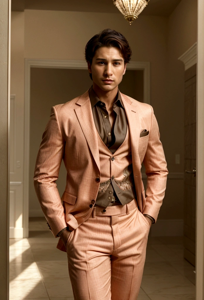 30-year-old boys, with a masculine appearance, wearing a peach Safari suit. The scene depicts a masterpiece of art, showcasing the boy's professional and wealthy lifestyle. The image is of the best quality, with ultra-detailed features. The color tone is rich and vibrant, masterpiece, ultra-realistic, detailed face,