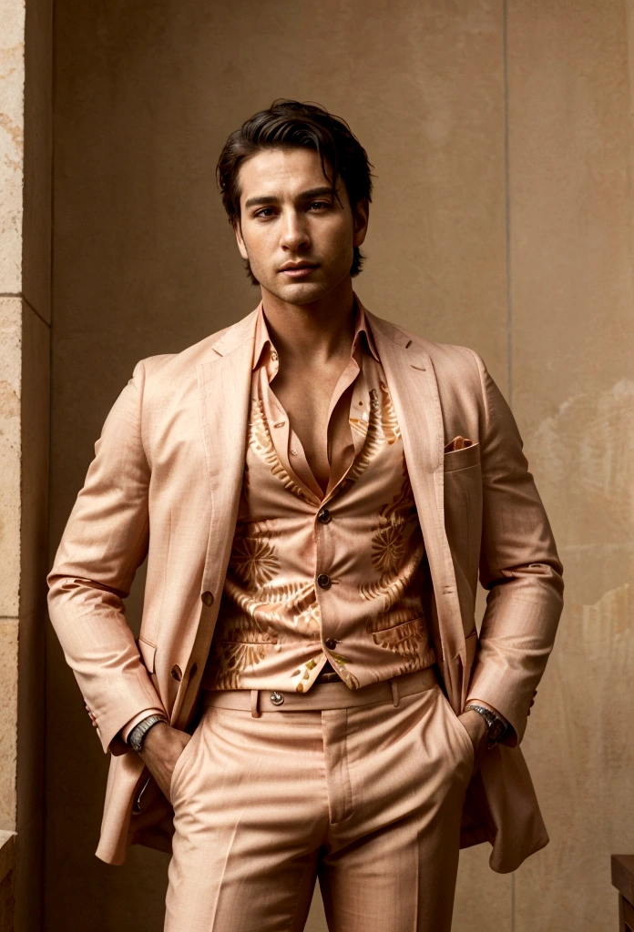 30-year-old boys, with a masculine appearance, wearing a peach Safari suit. The scene depicts a masterpiece of art, showcasing the boy's professional and wealthy lifestyle. The image is of the best quality, with ultra-detailed features. The color tone is rich and vibrant, masterpiece, ultra-realistic, detailed face,