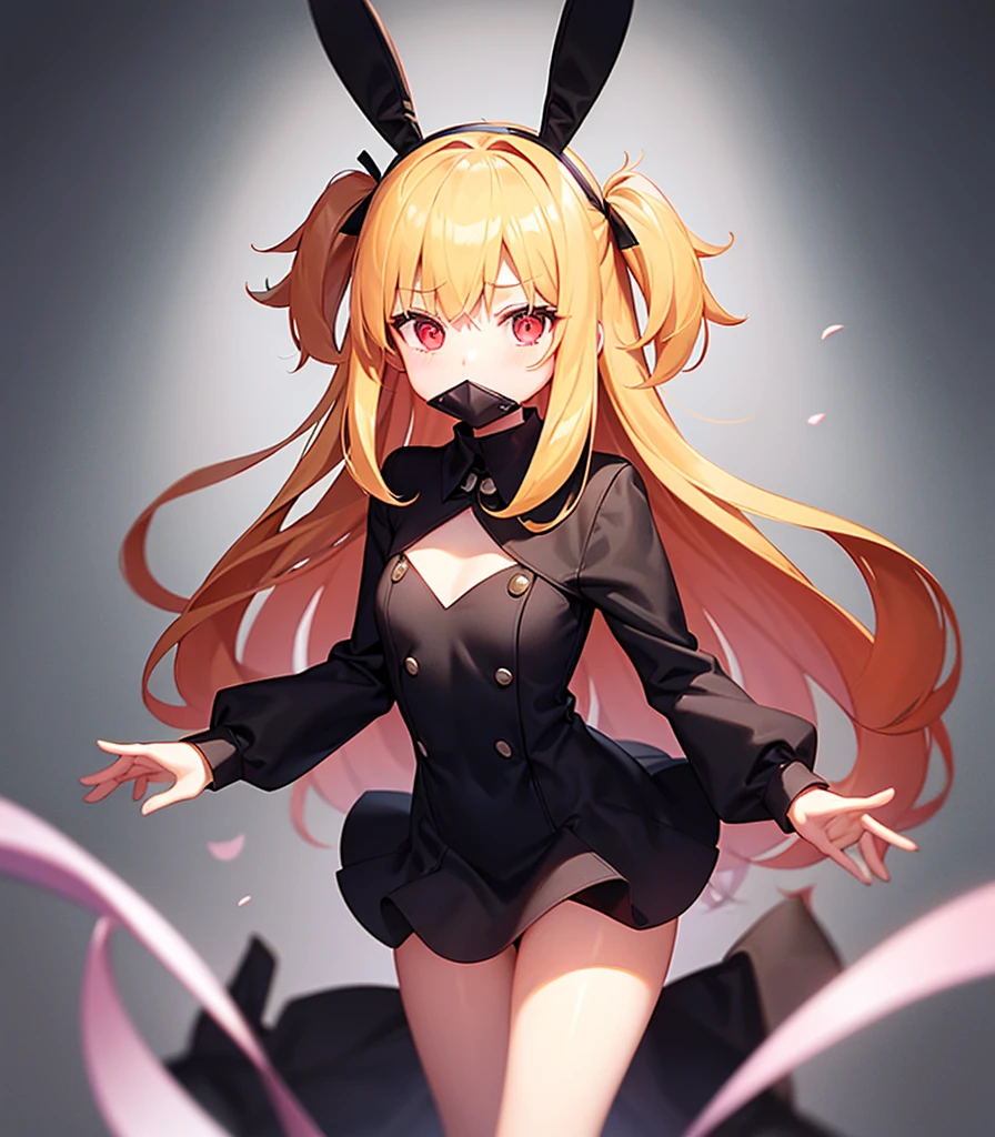(Red collar),(Blindfold),(Mouth gag),(Bunny ears),Cute little ,Tiny , girl,,Childish face, Very fine clean face,Top quality, Big eyes,Straight Hair,Yellow hair,Crimson Eye,(Dark Room), Subtle light, Natural light,Soft lighting,Light from directly behind, (Are standing), Cute pose, (Open your hands), Showing the whole body,Front view,Black background