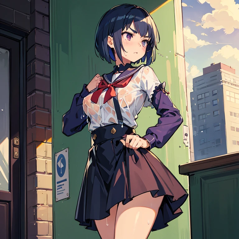 Young girl with blue hair,short straight hair and short bangs (purple eyes),, ((small bushy eyebrows)), wearing gothic lolita clothing, lolicon ,  large breast, breasts out of blouse, walking to school, bored look, bored face, , lifting her skirt to show her vagina wet with semen, having sex
