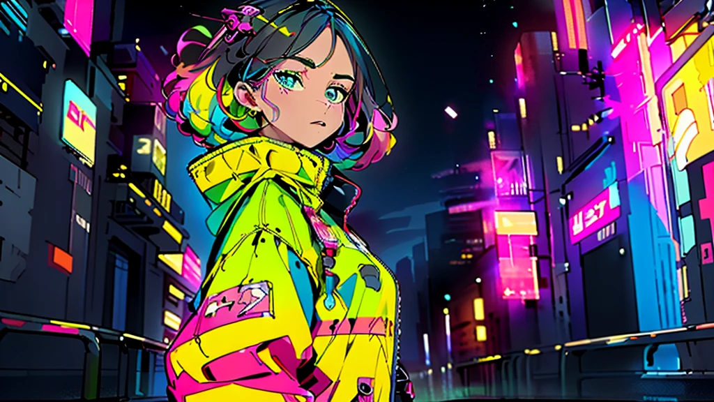 (high quality, 8K, 4K, High Contrast, masterpiece:1.2, best high quality, Best aesthetics), (Dynamic Angle), ((1 female)), JK, big tits, nsfw, ((cyber punk)), ((Flat Color)), ((Colorful art)), Riders jacket, Looking at viewer, Upper Body, Colored Background, High Contrast, Contrasting colors, Cowboy Shot,