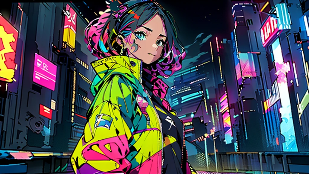 (high quality, 8K, 4K, High Contrast, masterpiece:1.2, best high quality, Best aesthetics), (Dynamic Angle), ((1 female)), JK, big tits, nsfw, ((cyber punk)), ((Flat Color)), ((Colorful art)), Riders jacket, Looking at viewer, Upper Body, Colored Background, High Contrast, Contrasting colors, Cowboy Shot,