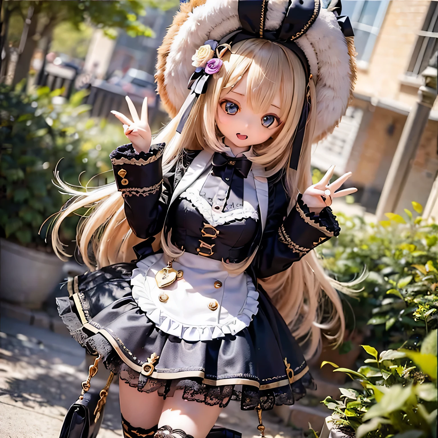 The rabbit girl is holding a big clock with Alice_Cute poses in Wonderland