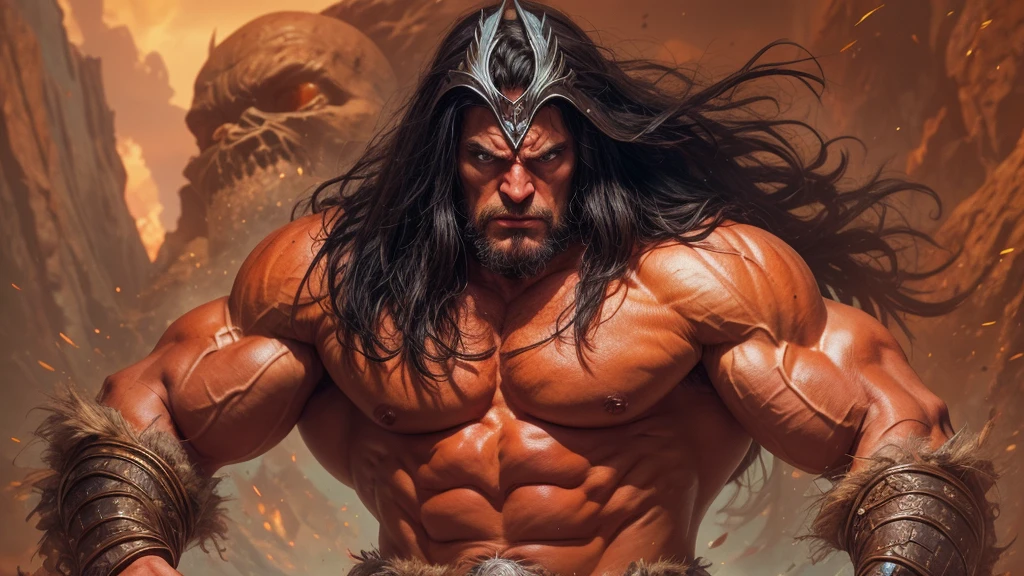 Extremely muscular man, chiseled features, washboard stomach, detailed hands, one thumb on each hand, four fingers on each hand, dark hair, detailed eyes, fierce expression, massive monster in the background, conan the barbarian, frank frazetta style painting,