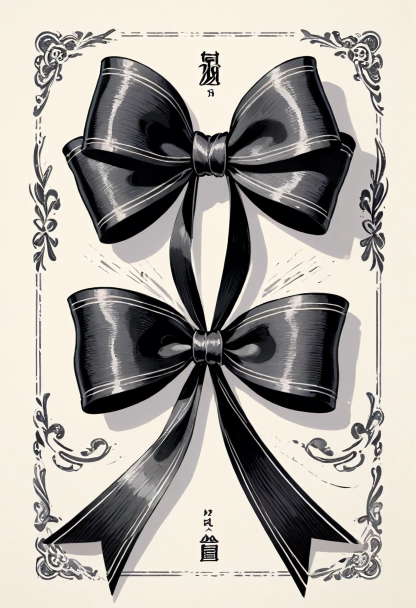 masterpiece、super beautiful、8K、Asymmetric、Long wavy ribbon、flat、An illustration of a ribbon tied in a bowknot, drawn with worn lines in the style of medieval black and white letterpress printing.