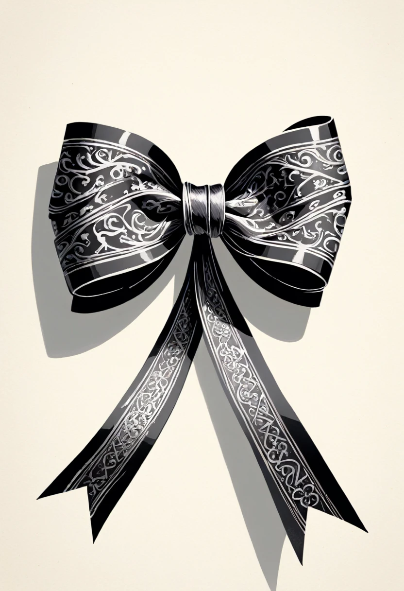 masterpiece、super beautiful、８K、Asymmetric、Long wavy ribbon、flat、An illustration of a ribbon tied in a bowknot, drawn with worn lines in the style of medieval black and white letterpress printing.