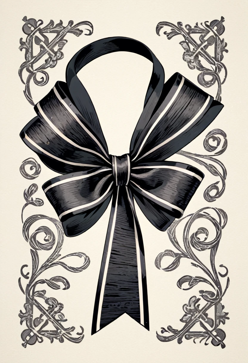 masterpiece、super beautiful、8K、Asymmetric、Long wavy ribbon、flat、An illustration of a ribbon tied in a bowknot, drawn with worn lines in the style of medieval black and white letterpress printing.