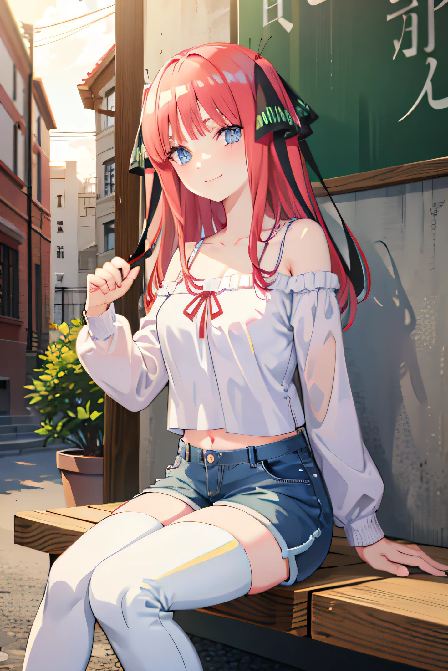 Best masterpiece, anime coloring, ultra-detail, 8k、((Sitting on the open corridor))、summer, morning, sun、White off-shoulder jeans with shorts、from below、looking down、smile
