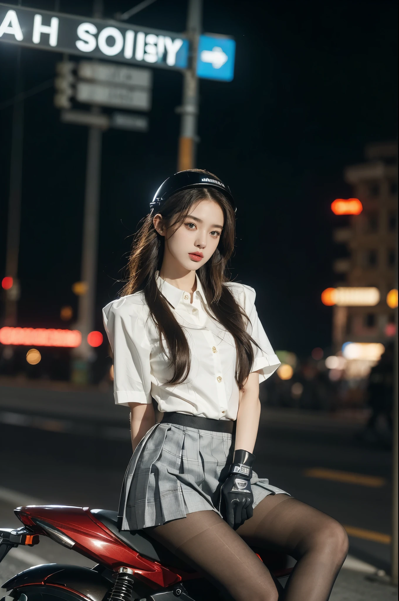 (((best quality))),(((ultra detailed))),(((masterpiece))),illustration,(1 beautiful girl,solo),((slim,thin)),((small breasts,flat chest)),(safety helmet:1.3),shoulder length straight bob hair,slender legs,cyberpunk, urban street,high school student, JK outfit,(riding on a motorcycle:1.3), sleek, (white collared short-sleeved shirt:1.3),(gloves:1.2),(red checkered pleated skirt:1.3),(pantyhose:1.3), stylish boots, confidence, determination, dark streets,neon lights, skyscrapers, urban noises, traffic, sirens, city sounds, futuristic, dystopian society, technology, fashion, explosive cocktail, style, , modernity, attitude, spirit, anything is possible,from front