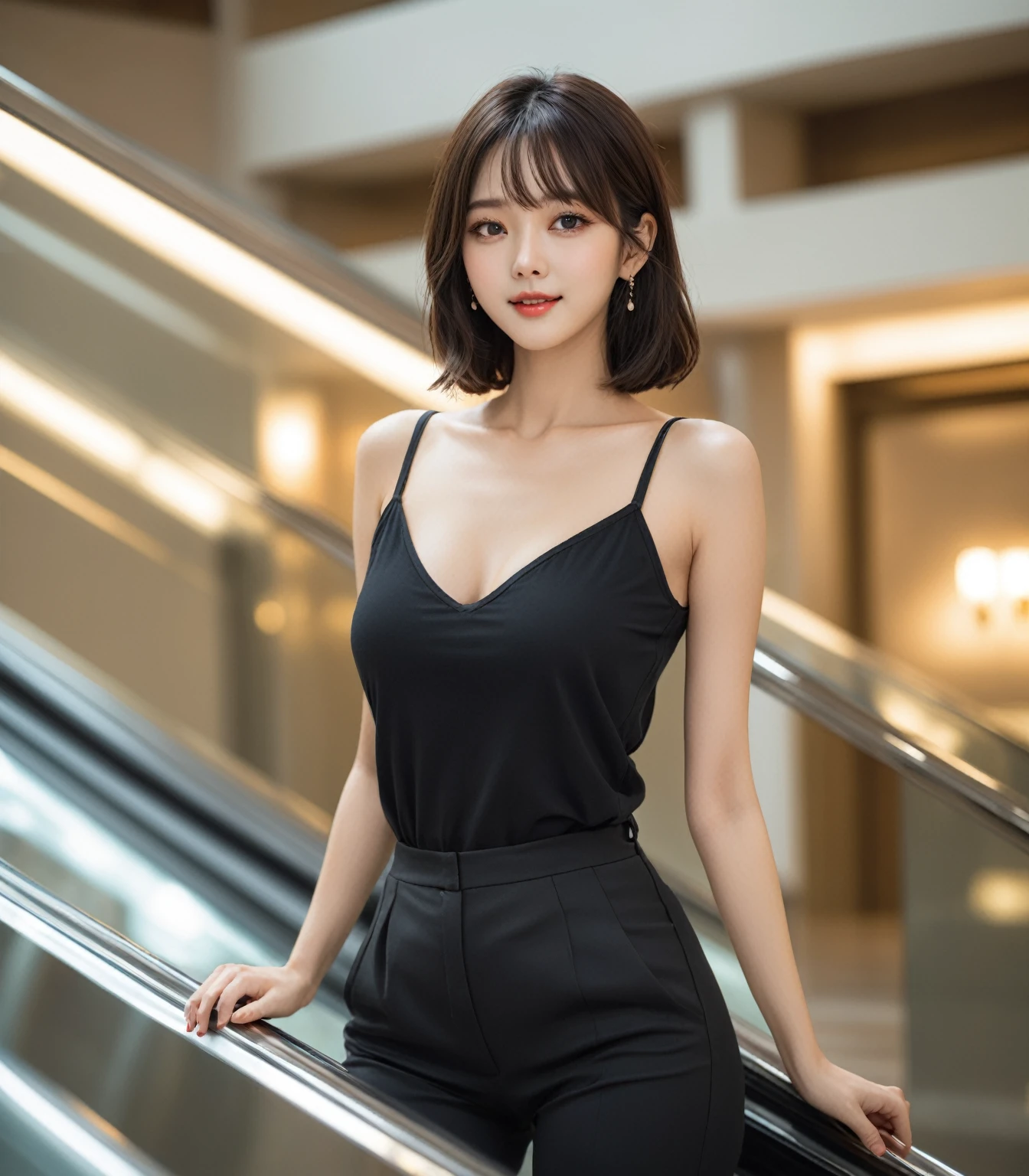 araffe woman in black top and black pants standing on escalator, korean girl, 1 woman, beautiful south korean woman, korean women's fashion model, gorgeous young korean woman, ulzzang, korean woman, beautiful young korean woman, lalisa manobal, sakimichan, asian girl, trending at cgstation, sun yunjoo, sexy girl, masterpiece, best picture quality, high quality, beautiful woman,  popular Korean makeup, full body, detailed, swollen eyes, fine eyes, fine skin, beautiful skin, super high resolution, (reality: 1.4), very beautiful, slightly young face, beautiful skin, slender, (ultra realistic), (illustration), (high resolution), (8K), (very fine) (best illustration), (beautiful fine eyes), (super fine), (wallpaper), (fine face), looking at the viewer, fine details, fine face, purerosfaceace_v1, smiling, looking straight ahead, looking straight ahead, realistic photo, luxury hotel, bright lighting, professional lighting, black hair (with bangs), long hair, on bed, gravure, swimsuit, mature woman, big breasts, huge breasts