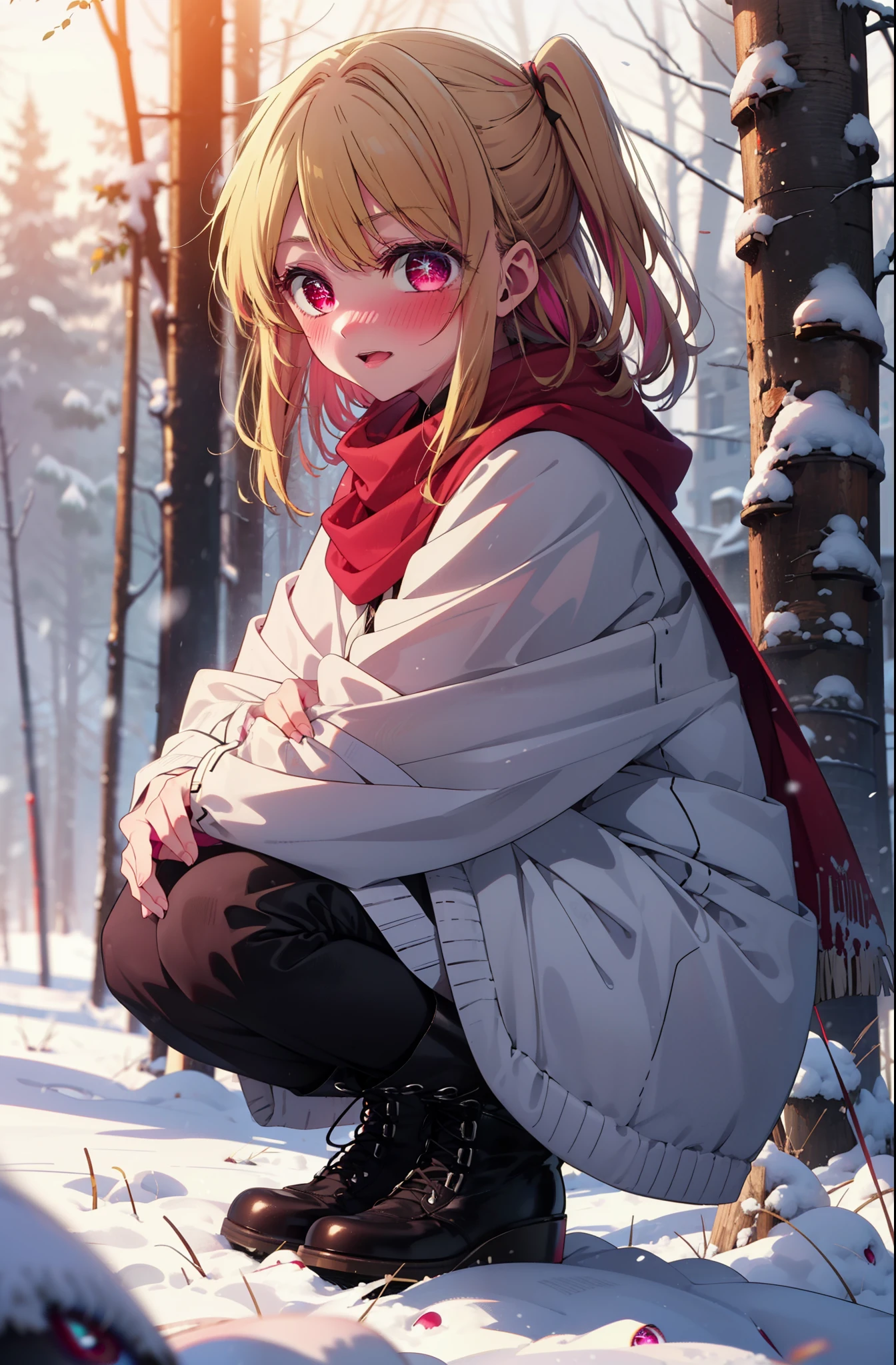 rubyhoshino, Hoshino Ruby, Long Hair, bangs, Blonde, (Pink Eyes:1.3), (Symbol-shaped pupil:1.5), Multicolored Hair, Two-tone hair, smile,blush,White Breath,
Open your mouth,snow,Ground bonfire, Outdoor, boots, snowing, From the side, wood, suitcase, Cape, Blurred, , forest, White handbag, nature,  Squat, Mouth closed, Cape, winter, Written boundary depth, Black shoes, red Cape break looking at viewer, Upper Body, whole body, break Outdoor, forest, nature, break (masterpiece:1.2), Highest quality, High resolution, unity 8k wallpaper, (shape:0.8), (Beautiful and beautiful eyes:1.6), Highly detailed face, Perfect lighting, Highly detailed CG, (Perfect hands, Perfect Anatomy),