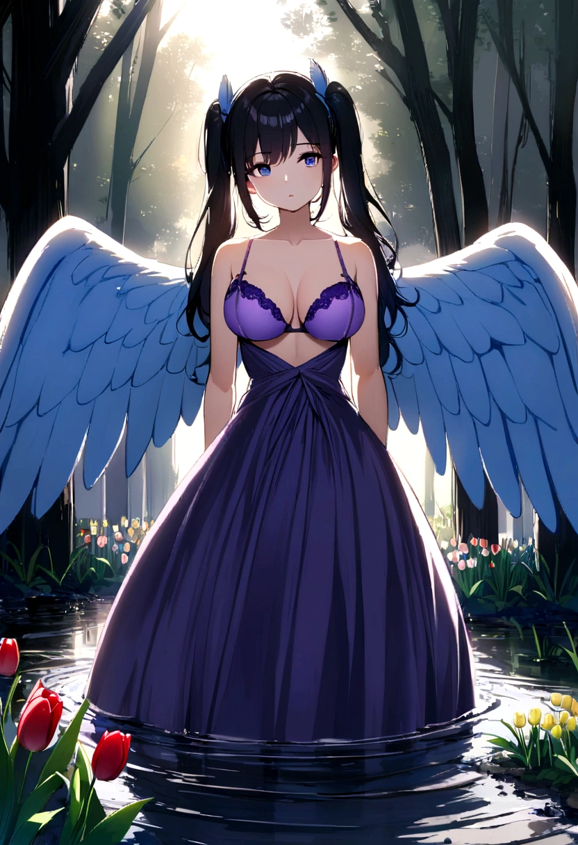 A girl wearing blue angel wings, sunlight shining on her face, eyes looking straight ahead, tulips in her hair, skin as white as a peeled egg, long black hair in pigtails, and a pair of breasts. seductively large and covered with a purple bra, wearing a short purple dress, standing in a muddy pond