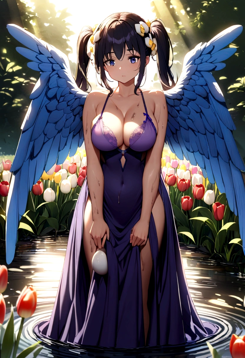 A girl wearing blue angel wings, sunlight shining on her face, eyes looking straight ahead, tulips in her hair, skin as white as a peeled egg, long black hair in pigtails, and a pair of breasts. seductively large and covered with a purple bra, wearing a short purple dress, standing in a muddy pond