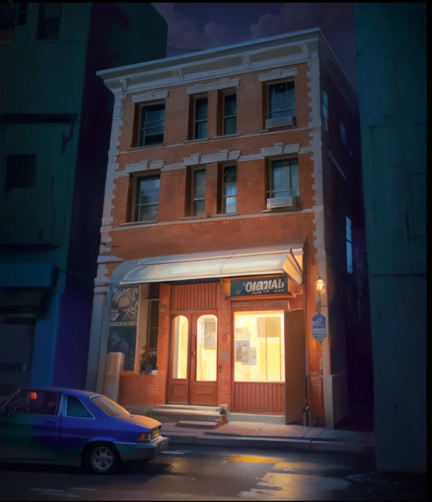 painting of a building with a car parked in front of it, lighting study, artstation hq”, detailed scene, stylized urban fantasy artwork, buildings photorealism, digitally painted, inspired by George Benjamin Luks, freddy mamani silvestre facade, zootopia concept art, artstation hq, realistic building, city street cinematic lighting, dramatic lighting. concept art