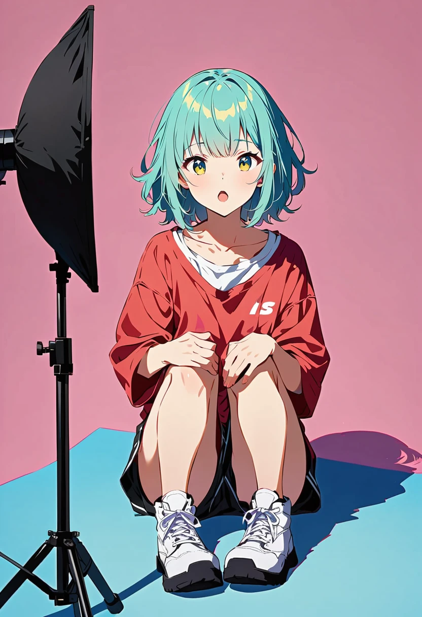 quality, 8k, 4K, High Contrast, masterpiece:1.2, 最high quality, Best aesthetics), ((1 female)),Singing with a microphone, bright eyeshadow,((Super Short Hair)), (Futuristic Music Station Background), (Wearing a colorful hoodie.), ((Shorts)),(Colorful loose socks), Looking at the audience, Transparent Background, (Look at me), Sleepy eyes, High Contrast, Contrasting colors, green and blue hair, Red eyes,, Small star-shaped earrings on both ears, ((Low angle shot)), Colorful baseball caps,Colorful sneakers,big ,Overall green color