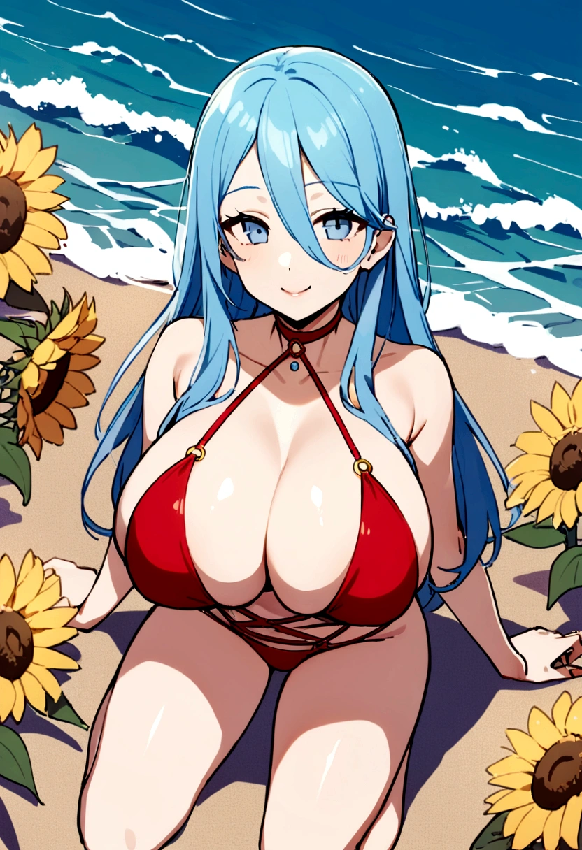 1girl in, 30 years old, Square face, straight look, bright smile, Long blue hair parted to the sides, hair with daisies, outfit with sunflowers, body facing the screen, lots of jewelry, complexion white, with big seductive breasts, big butt, bright red bikini outfit, rocky beach background on the beach with lots of waves, surrounded by many sea lions, kneeling in many sexy poses