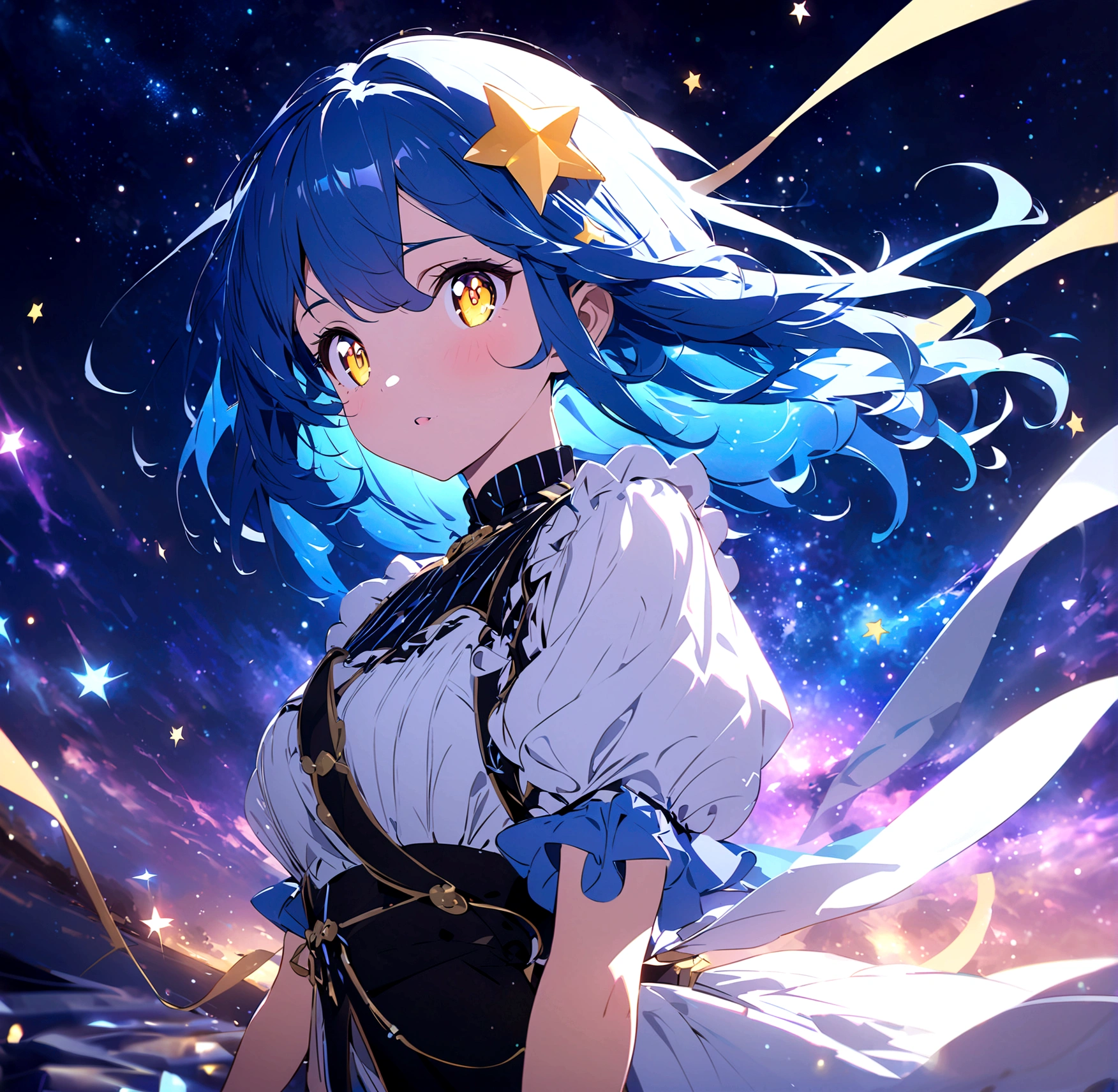 anime style, 8k, top quality, Masterpiece, super detailed, A beautiful star-themed girl with large yellow eyes and blue hair adorned with star accessories, standing in a night sky filled with glowing stars and floating light particles. The background features a cosmic scene with blue and purple hues. Her eyes reflect the stars and the universe, enhancing her gentle and hopeful expression. She wears a simple and cute outfit that flows with the wind. Created Using: bright and transparent colors, soft light reflections, detailed rendering, starry eye reflections, hd quality, vivid style