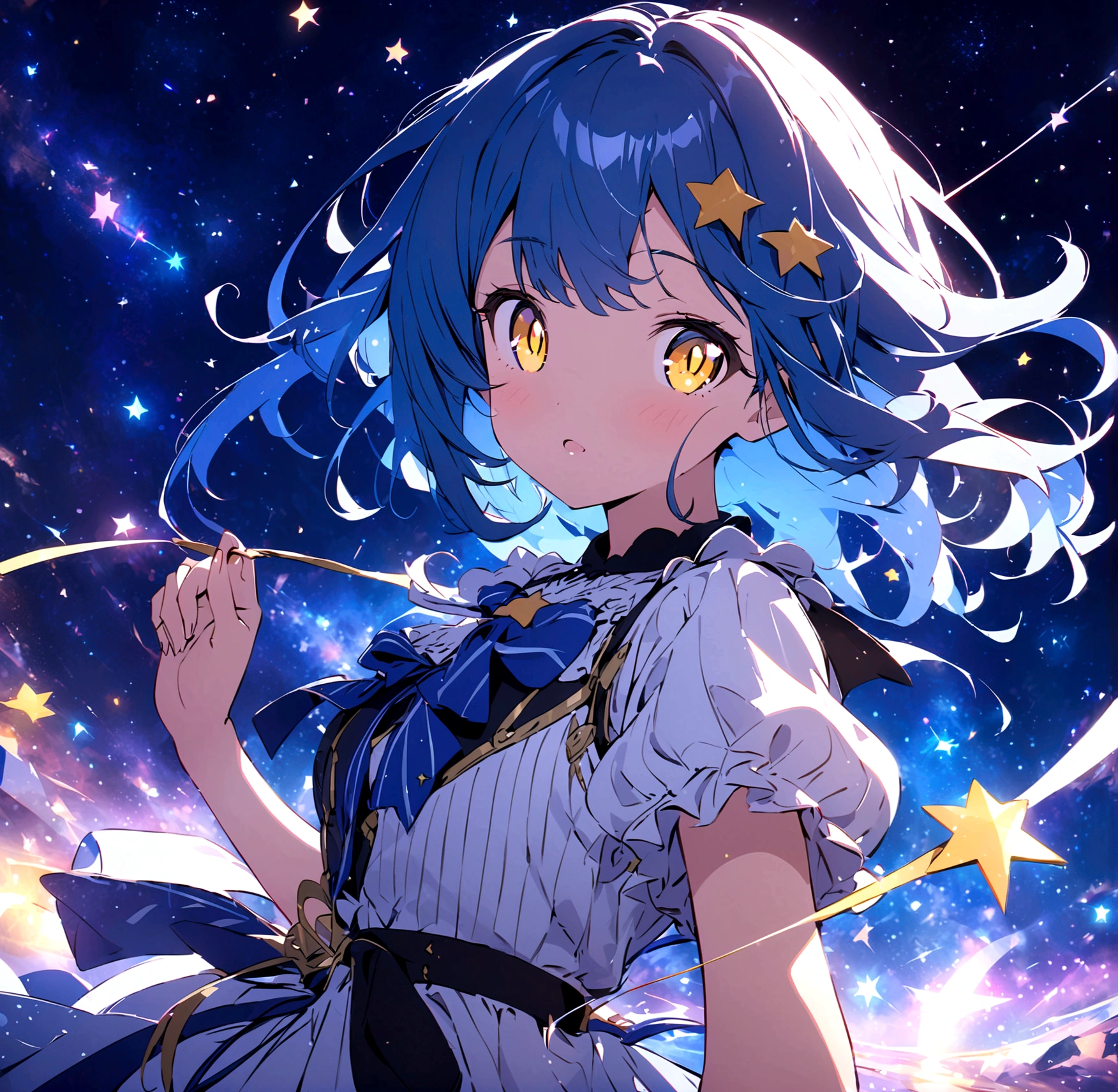 anime style, 8k, top quality, Masterpiece, super detailed, A beautiful star-themed girl with large yellow eyes and blue hair adorned with star accessories, standing in a night sky filled with glowing stars and floating light particles. The background features a cosmic scene with blue and purple hues. Her eyes reflect the stars and the universe, enhancing her gentle and hopeful expression. She wears a simple and cute outfit that flows with the wind. Created Using: bright and transparent colors, soft light reflections, detailed rendering, starry eye reflections, hd quality, vivid style