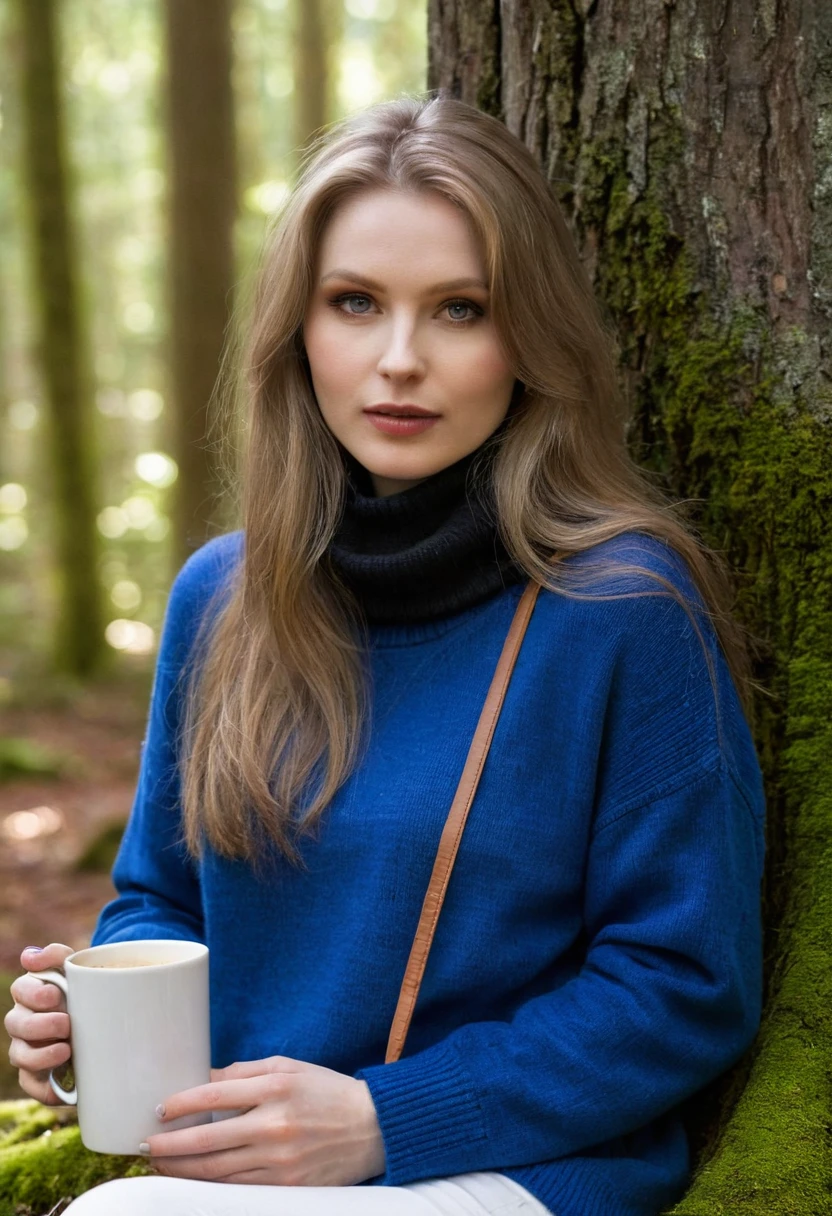  pale skin, ((evil slavic woman)), long dark blond hair, A close-up image of the enigmatic and captivating N1N15UN, with her distinctive bag slung casually over one shoulder, donning a vibrant blue shirt under a cozy turtleneck sweater and white sneakers, adorned with an intricate silver necklace. She's perched on the edge of a moss-covered tree stump in a serene forest grove, cradling a steaming mug of coffee between her hands, bathed in soft, warm sunlight filtering through the dense canopy above, exuding an air of quiet contemplation and creative inspiration.