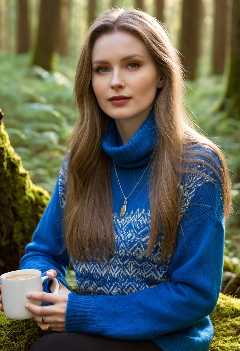  pale skin, ((evil slavic woman)), long dark blond hair, A close-up image of the enigmatic and captivating N1N15UN, with her distinctive bag slung casually over one shoulder, donning a vibrant blue shirt under a cozy turtleneck sweater and white sneakers, adorned with an intricate silver necklace. She's perched on the edge of a moss-covered tree stump in a serene forest grove, cradling a steaming mug of coffee between her hands, bathed in soft, warm sunlight filtering through the dense canopy above, exuding an air of quiet contemplation and creative inspiration.