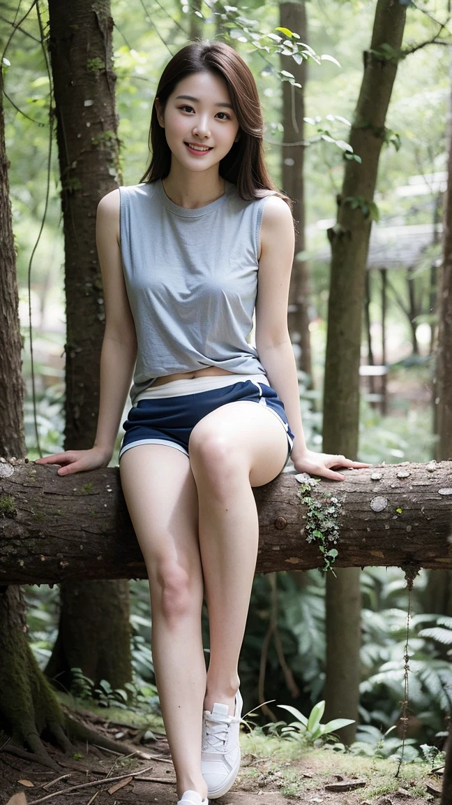 masterpiece, best quality, Surreal, Ultra Detailed, 8k resolution, RAW photos, Clear focus, (A girl in the forest), ((light gray shirt:1.1)), sleeveless, sports Shorts,Full body posture, Solitary, Perfect body, Become a, 32 inches in the chest,(a charming smile:1), (sexy pose),26 years old, light,White shoes