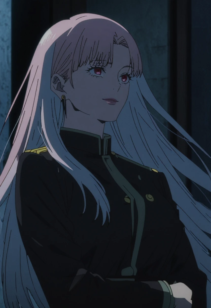 1girl, female gojo satoru, anime screencap from jujutsu kaisen, gojo satoru female version, solo, long_hair, Red eyes ((Sliver_hair)), night view, (hanging breasts) upper_body, smile, indoors, book, green_eyes, lips, (parted bangs) ((wearing black colour uniform with button)) breast, "very detailed and high resolution" (Red eyes) (cross arms) ((long hair)) ((solo)) (front view) (earings) ((high resolution)) ((good quality)) ((side bangs))