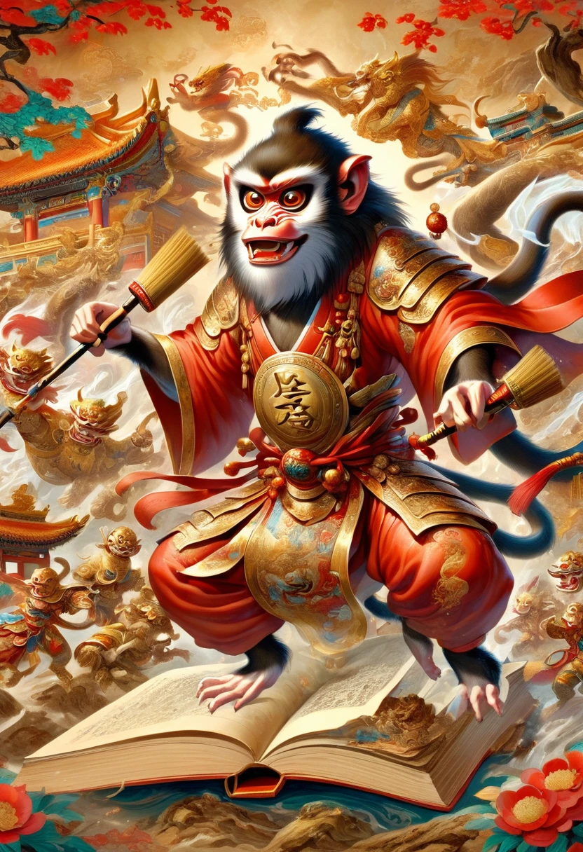 A three-dimensional book, open book with Chinese writing, In ancient Chinese mythology, A monkey wears a golden armor and a red cloak stood on a book, He has a brush in his hand,The background is ancient Chinese war scenes, A grand war scene, A rich picture, Somany details, full length shot, fantasy.colorful, stylish, complex, hyper-detailed, concept art, full body. twinklingand dazzling and sparkling, dynamicangle,traditional animation, flowing draperies