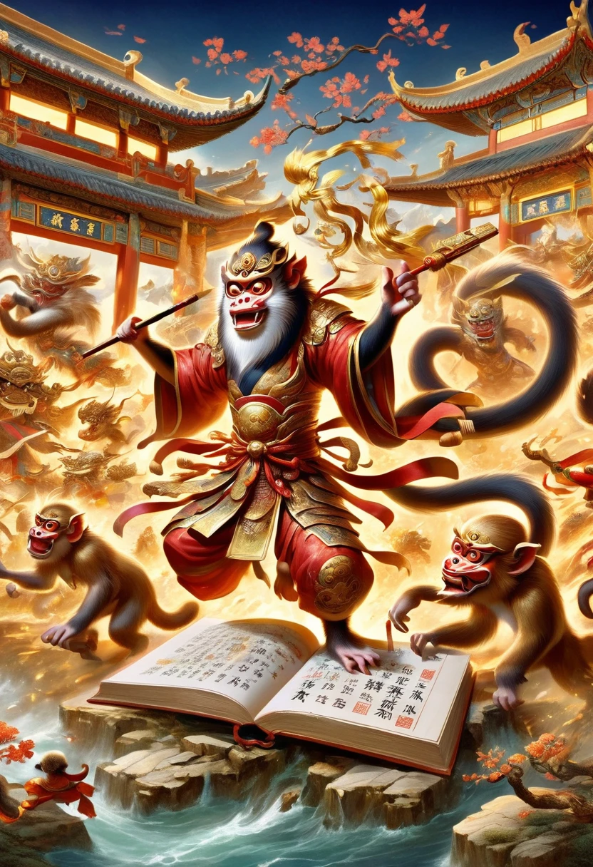 A three-dimensional book, open book with Chinese writing, In ancient Chinese mythology, A monkey wears a golden armor and a red cloak stood on a book, He has a brush in his hand,The background is ancient Chinese war scenes, A grand war scene, A rich picture, Somany details, full length shot, fantasy.colorful, stylish, complex, hyper-detailed, concept art, full body. twinklingand dazzling and sparkling, dynamicangle,traditional animation, flowing draperies