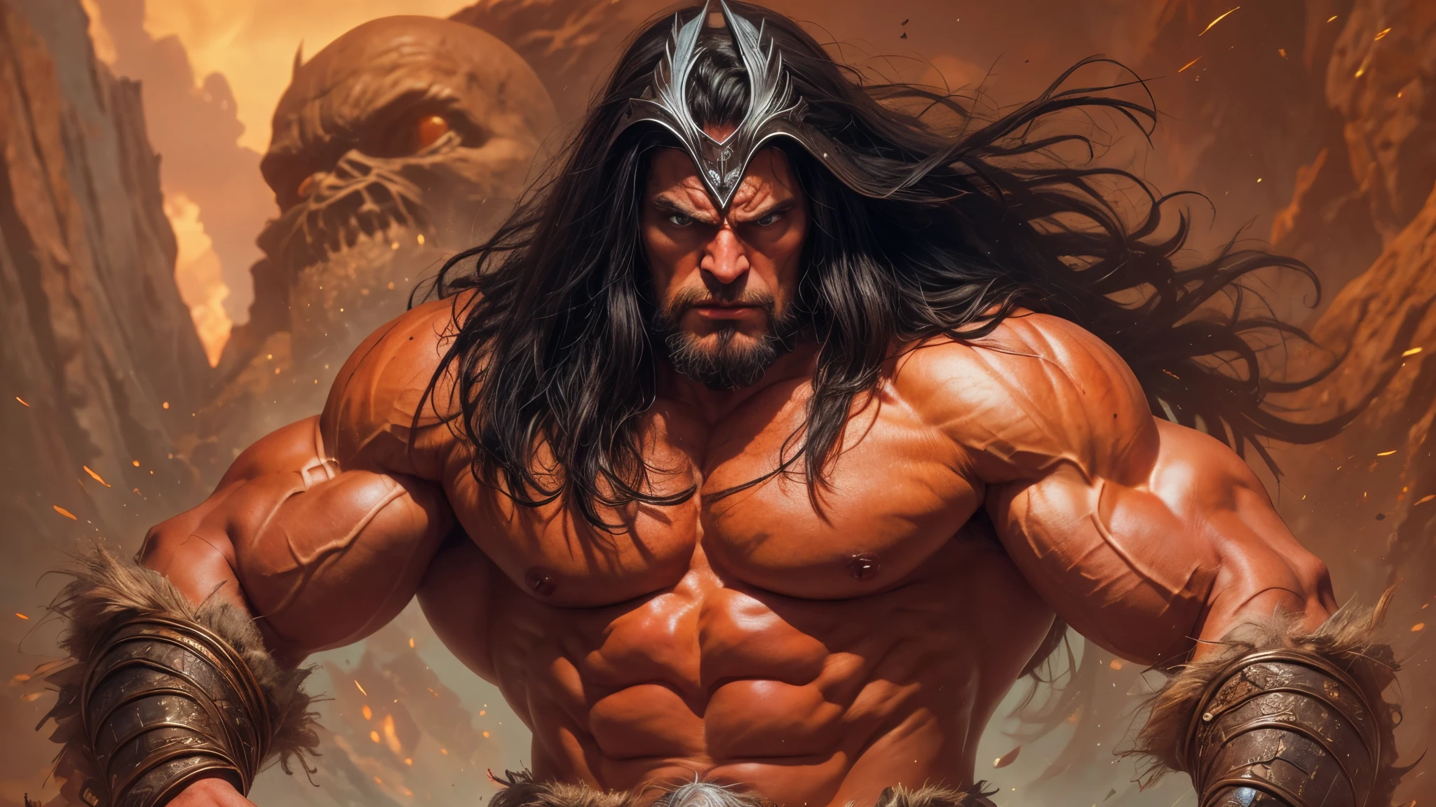 Extremely muscular man, chiseled features, washboard stomach, detailed hands, one thumb on each hand, four fingers on each hand, dark hair, detailed eyes, fierce expression, massive monster in the background, conan the barbarian, frank frazetta style painting,
