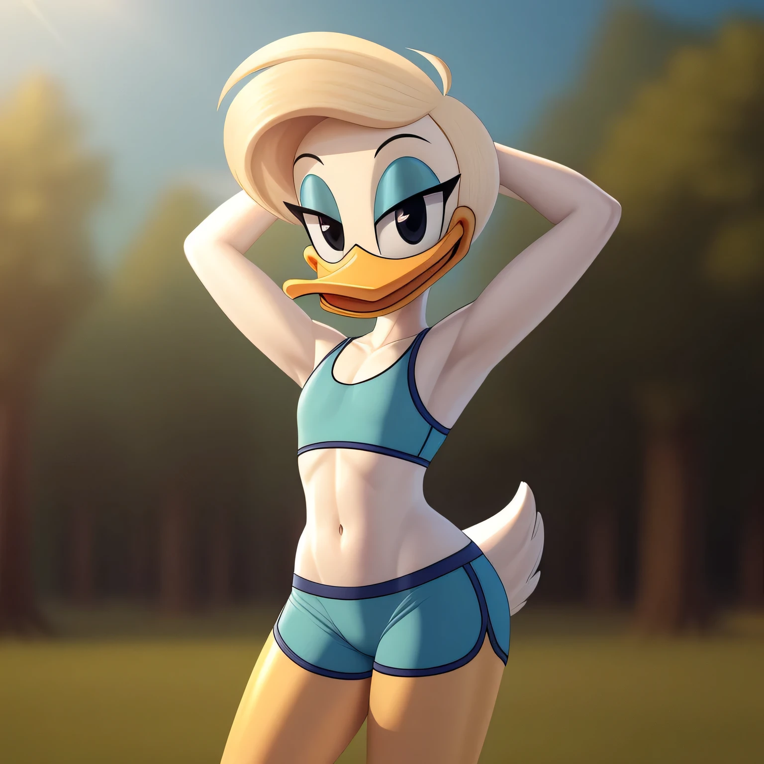 photorealism, duck, Betsy Duck, detailed background, outside, eyeshadow, tan hairstyle, cartoon, (flat chested), (yellow legs: 1.2), smiling, happy, ducktales

wear cyan sports bra, cyan shorts, stretching her arms, intricate, detailed

simple black eyes, detailed, intricate, skinniest torso, (showing her torso)

highest quality, (detailed white skin:1.3), (looking at the viewer), (soft cinematic light:1.1) ,