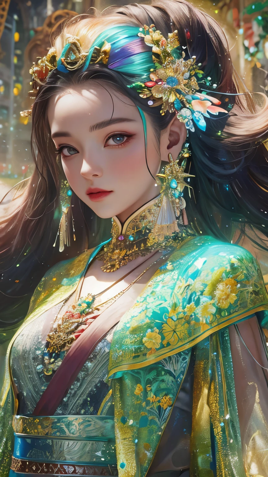 a beautiful woman in a traditional Chinese Tang suit, long luminous hair with hair accessories, luminous earrings and glow necklace, wearing transparent cyberpunk-style clothes, surrounded by rainbow colors, detailed face, intricate embroidery, cinematic lighting, 8k, photorealistic, masterpiece