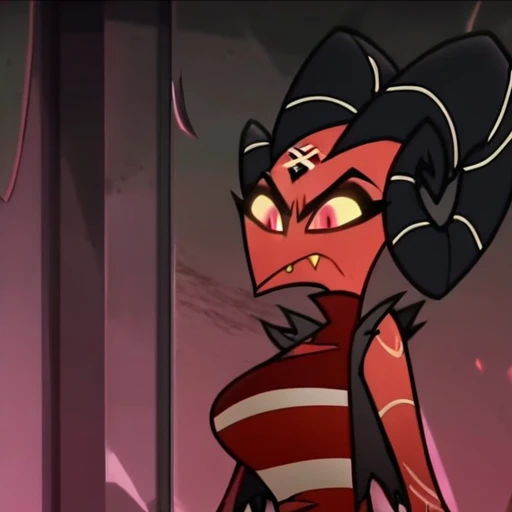 barbie wire, 1girl, demon girl, red skin, forehead tattoo, arm tattoos, horns, striped dress, leather jacket, screencap, front facing view, (curvy:2.5), closed mouth,