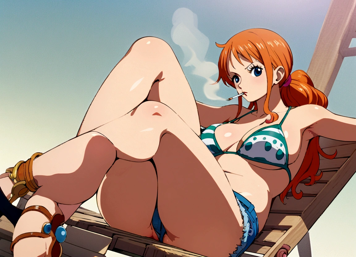 a cartoon picture of a woman in a bikini top and jeans, nami one piece, nami from one piece, nami, beautiful portrait of nami, from one piece, oppai, blue eyes, smoking, ponytail, nsfw