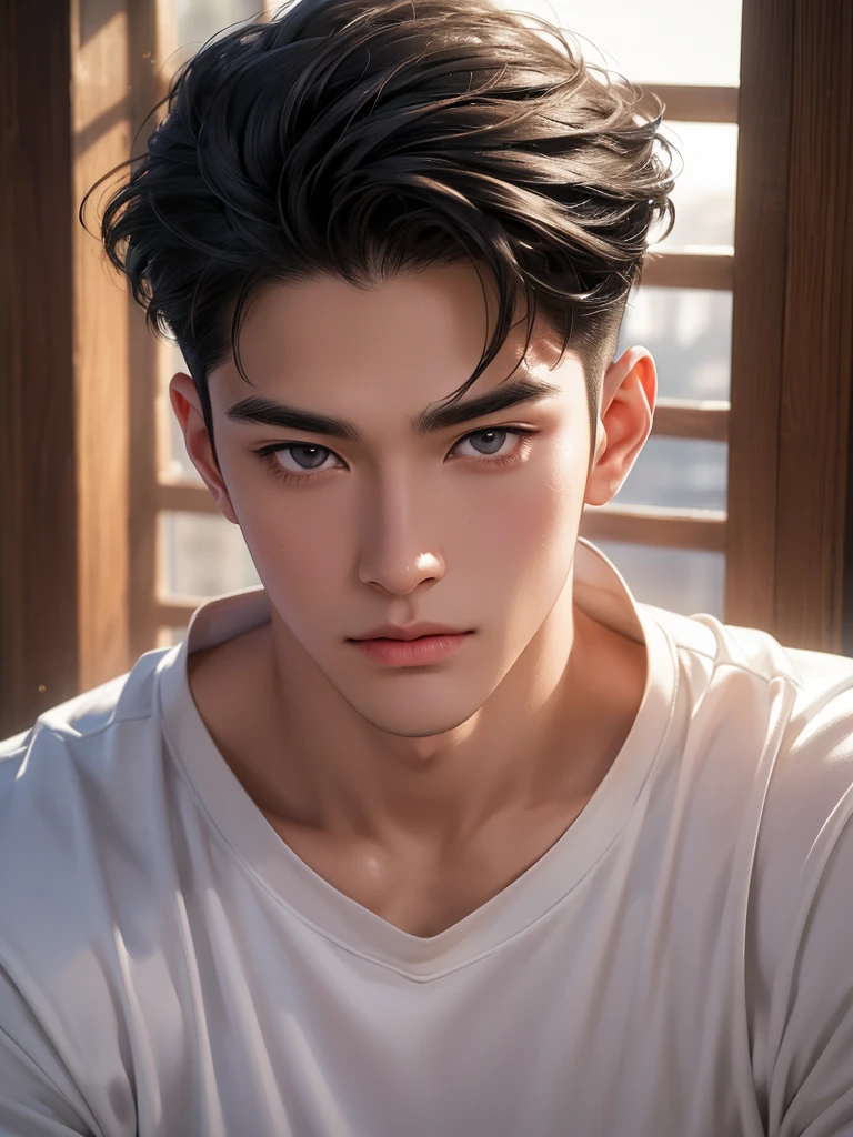 ((High quality)), ((masterpiece)), ((highly detailed)), perfect face, realistic, ((man)), ((Asian)), young, black hair, comma hair cut style, ((handsome)), detailed eyes, beautiful detailed nose, realistic body, realistic light, comfortable expressions, cute guy, sweat guy, cool guy, ((athletic body)), sleevless