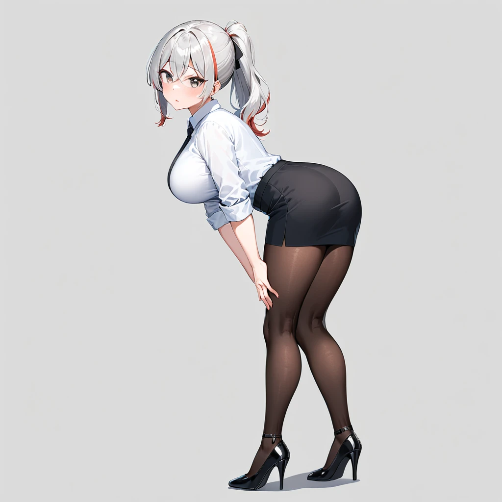 1 Girl, White Baggy Shirt, Black Short Skirt, Black Nylon Thigh High Stockings, High Heels, Medium Breasts, Blue Eyes, Platinum White Hair, Twin Tail Hair Style, Pale White Skin, Smooth Skin, Face Freckles, Nice Cleavage, Slutty, Sexy, Sassy, Smirking, Tease, Teasing, Side View, Side Profile, Bent Over, Arms Reaching Towards Floor,