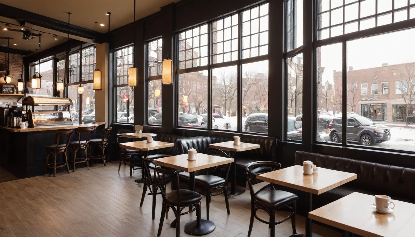 coffee shop interior, tables, big window in the center