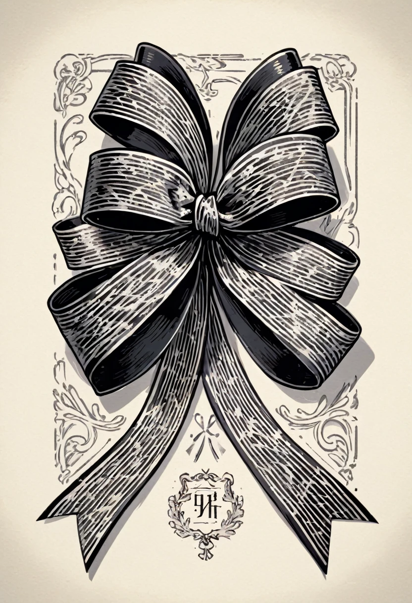 masterpiece、super beautiful、8K、Asymmetric、Long wavy ribbon、flat、An illustration of a ribbon tied in a bowknot, drawn with worn lines in the style of medieval black and white letterpress printing.