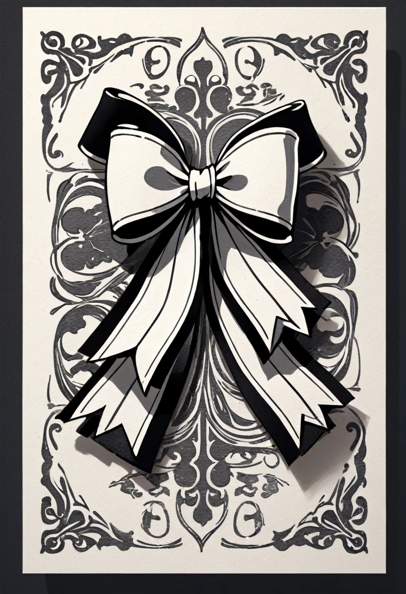 masterpiece、super beautiful、８K、Asymmetric、Long wavy ribbon、flat、An illustration of a ribbon tied in a bowknot, drawn with worn lines in the style of medieval black and white letterpress printing.