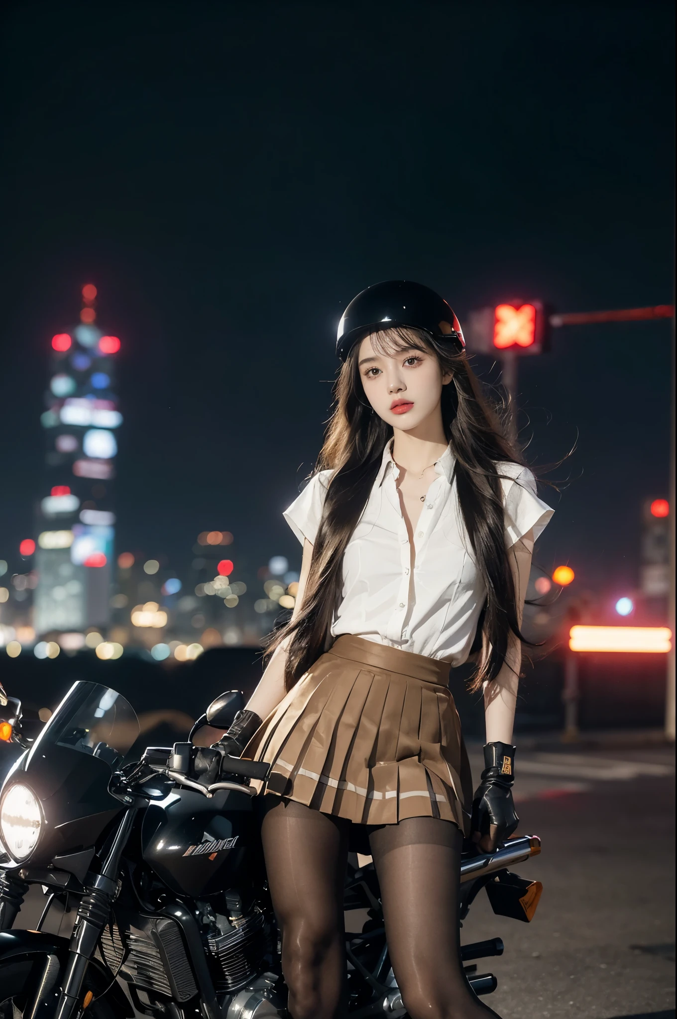 (((best quality))),(((ultra detailed))),(((masterpiece))),illustration,(1 beautiful girl,solo),((slim,thin)),((small breasts,flat chest)),(safety helmet:1.3),shoulder length straight hair,slender legs,cyberpunk, urban street,high school student, JK outfit,(riding on a motorcycle:1.3), sleek, (white collared short-sleeved shirt:1.3),(gloves:1.2),(red checkered pleated skirt:1.3),(pantyhose:1.3), stylish boots, confidence, determination, dark streets,neon lights, skyscrapers, urban noises, traffic, sirens, city sounds, futuristic, dystopian society, technology, fashion, explosive cocktail, style, , modernity, attitude, spirit, anything is possible,from front