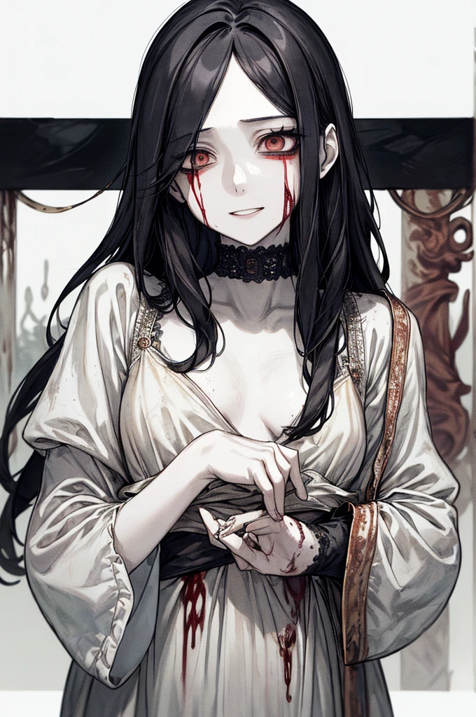 (masterpiece:1.2, Highest quality), (Actual Photos, Intricate details), (1 female, alone, Upper Body, Small breasts) ,With eyes wide open、Scary atmosphere、Distorted facial expressions、Twisted Smile、Scratching your face、The face is stained with blood、Bleeding from the face、Blood splatter、Blood splatter、whole body、Punk Fashion、Long Hair、I have very long bangessy hair、Black Hair、(((Dark circles under the eyes)))、Pale skin、Feeling unwell、Pathological、Wicked Smile、Crazy Eyes、(Grin)Dramatic makeup,Create mixed media art、White Background