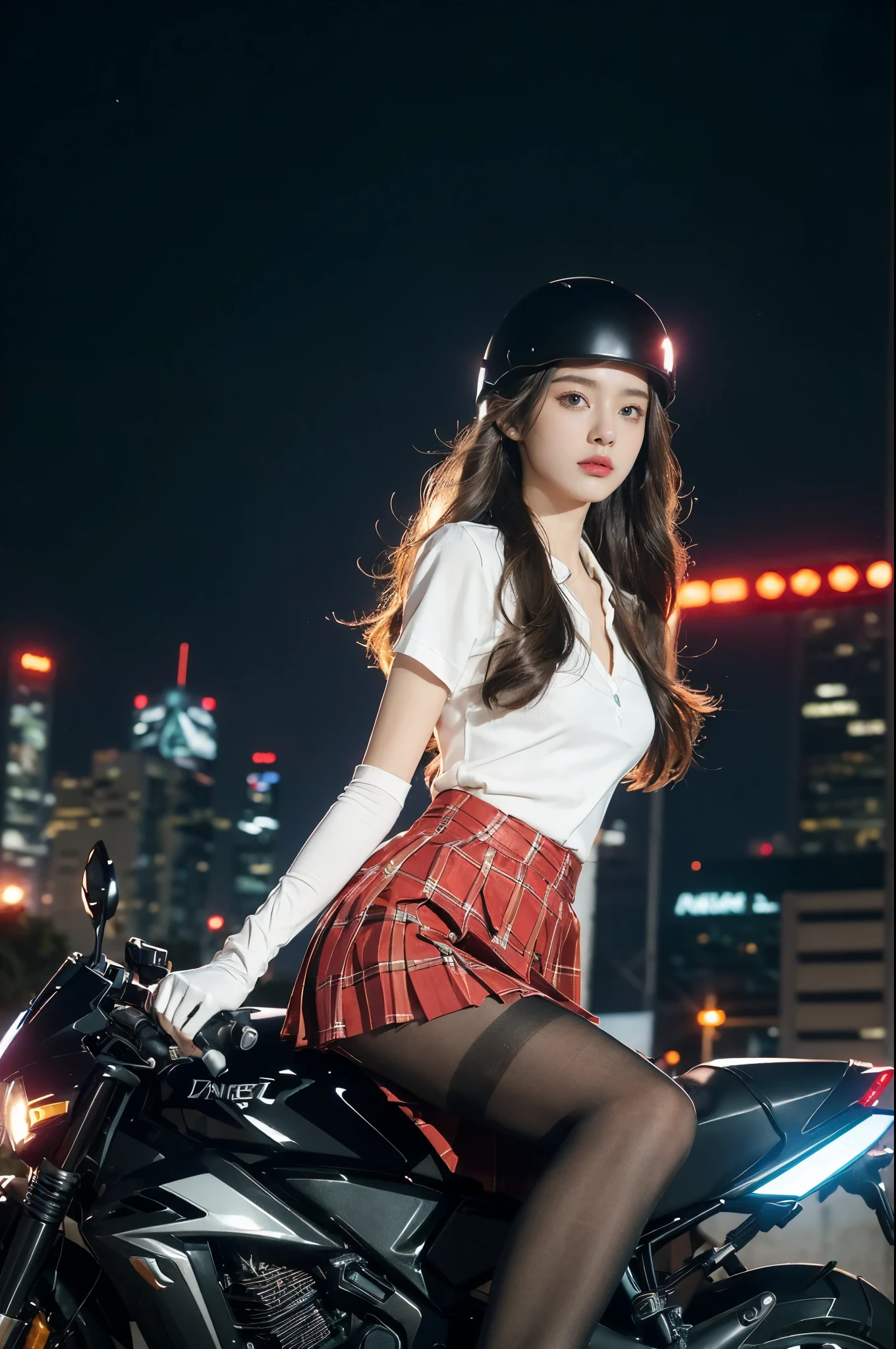 (((best quality))),(((ultra detailed))),(((masterpiece))),illustration,(1 beautiful girl,solo),((slim,thin)),((small breasts,flat chest)),(safety helmet:1.3),shoulder length straight hair,slender legs,cyberpunk, urban street,high school student, JK outfit,(riding on a motorcycle:1.3), sleek, (white collared short-sleeved shirt:1.3),(gloves:1.2),(red checkered pleated skirt:1.3),(pantyhose:1.3), stylish boots, confidence, determination, dark streets,neon lights, skyscrapers, urban noises, traffic, sirens, city sounds, futuristic, dystopian society, technology, fashion, explosive cocktail, style, , modernity, attitude, spirit, anything is possible,from front