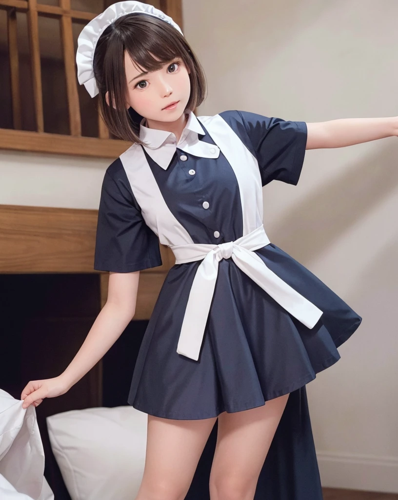 A young girl in a maid outfit, standing with her legs spread and her bottom thrust out, looking directly at the viewer. She has a beautiful, delicate face with flushed cheeks, and stunningly detailed eyes. The scene is set in an elementary school, with a high quality, hyper-detailed, and incredibly beautiful rendering. (best quality,8k,masterpiece:1.3),viewer looking at subject,young girl style,(legs spread,buttocks protruding),(8 year old perfect girl),maid outfit,elementary school,beautiful,flushed cheeks,(beautiful detailed eyes),high quality,ultra-detailed,cute