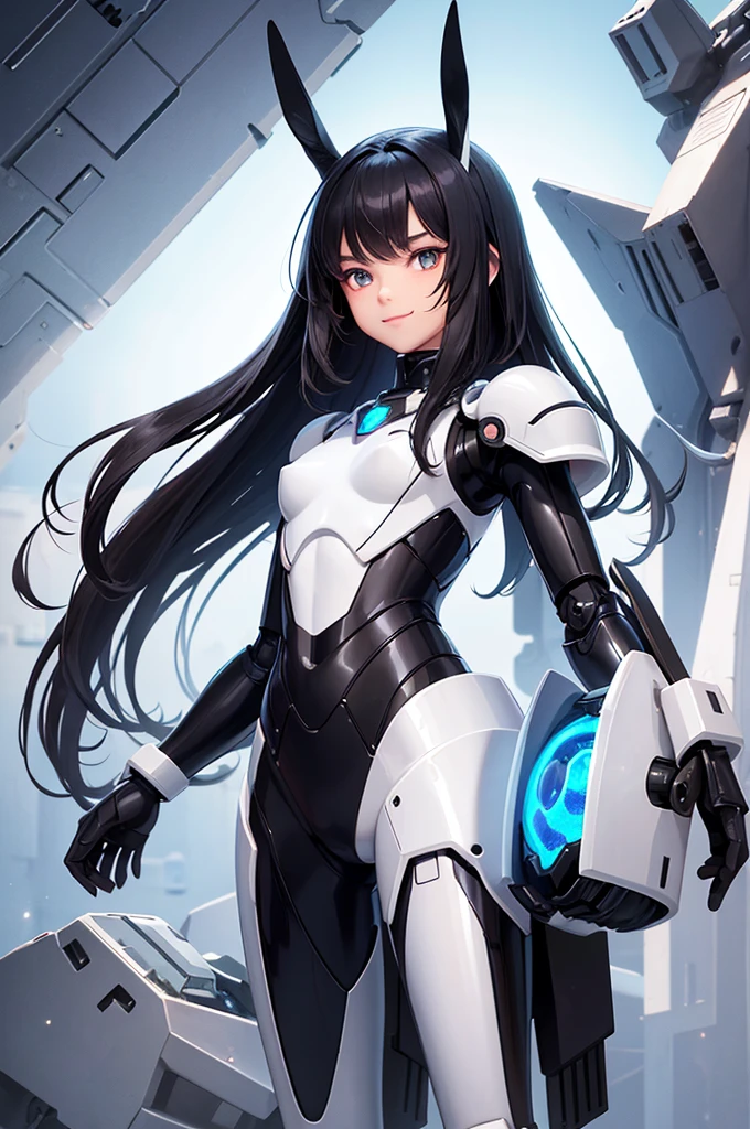 Perfect human body modeling, 1 girl, cute girl, pretty face, bitter smile, 12 years old, Beautiful black long hair, beautiful eyes, flat chest, small build, No muscles, white skin, Rabbit ears in robot style, powered armor, full armor, powered leg, metroid armor, Space suits, planetary exploration