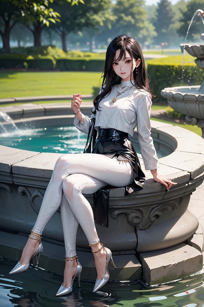((Biologically correct limb count))、((Full Body Shot, Full-body photo including face、Head to toe photos))、4K、masterpiece、((Focus on the face))、((Symmetrical facial features))、Eyes of meticulous depiction、One beautiful woman、Excellent style、（(Shiny black stockings、Shiny rubber skirt、white leather jacket、High heels with anklets)）、Detailed Description、Small earrings、necklace、((Sitting on the edge of a fountain in a park early in the morning, looking straight into the camera))、Close-up photo of the whole body、Panty shot、Focus on the face
