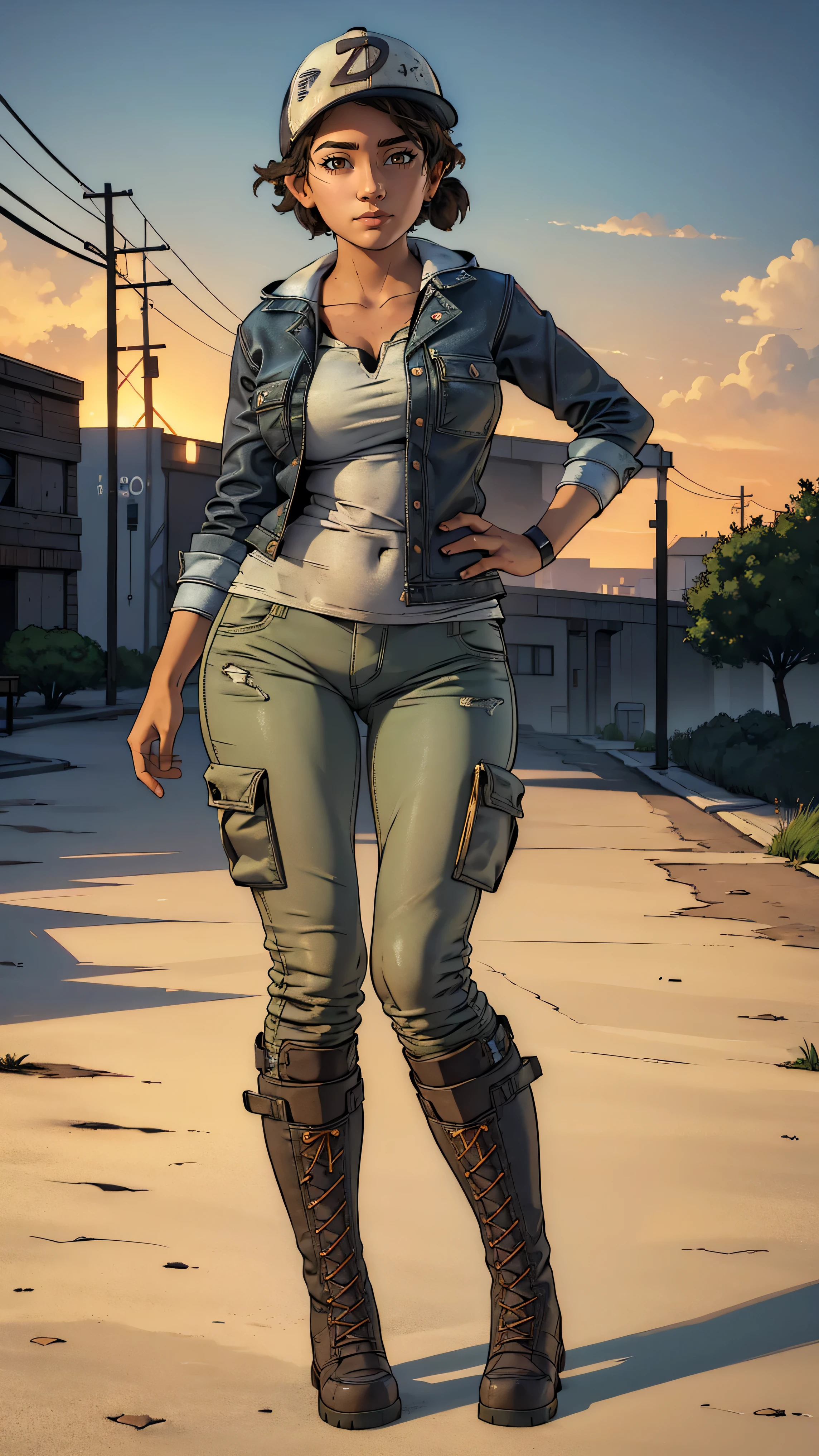 ((masterpiece, best quality)),(complex lighting) ,solo,(((1girl))) ,clementine, light skin,light-skinned female, baseball cap, green cargo pants, brown eyes, tight pants, combat boots, shirt, short hair, one short ponytail, open denim jacket, huge butt, thicc butt , (((8k))), (((full body))), (((bent over))), (((looking at the viewer))), (((view from in front of her))), big breasts