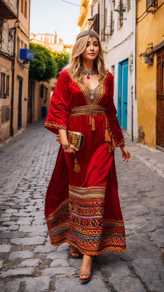 Most beautiful german blonde lady, wearing kabyle robe, kabyledress, amazigh, berber, kabyle outfit, bijoux, house with a pool background, realistic,4k, professional, red robe