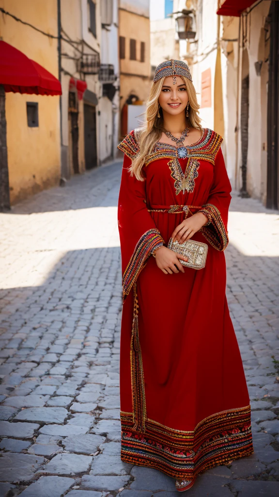beautifull hot german blonde, robe kabyle, berber, amazigh dress, kabyledress, tizi ouzou, berber outfil, kabylegirl, bijoux, street background, full body, realistic,red robe