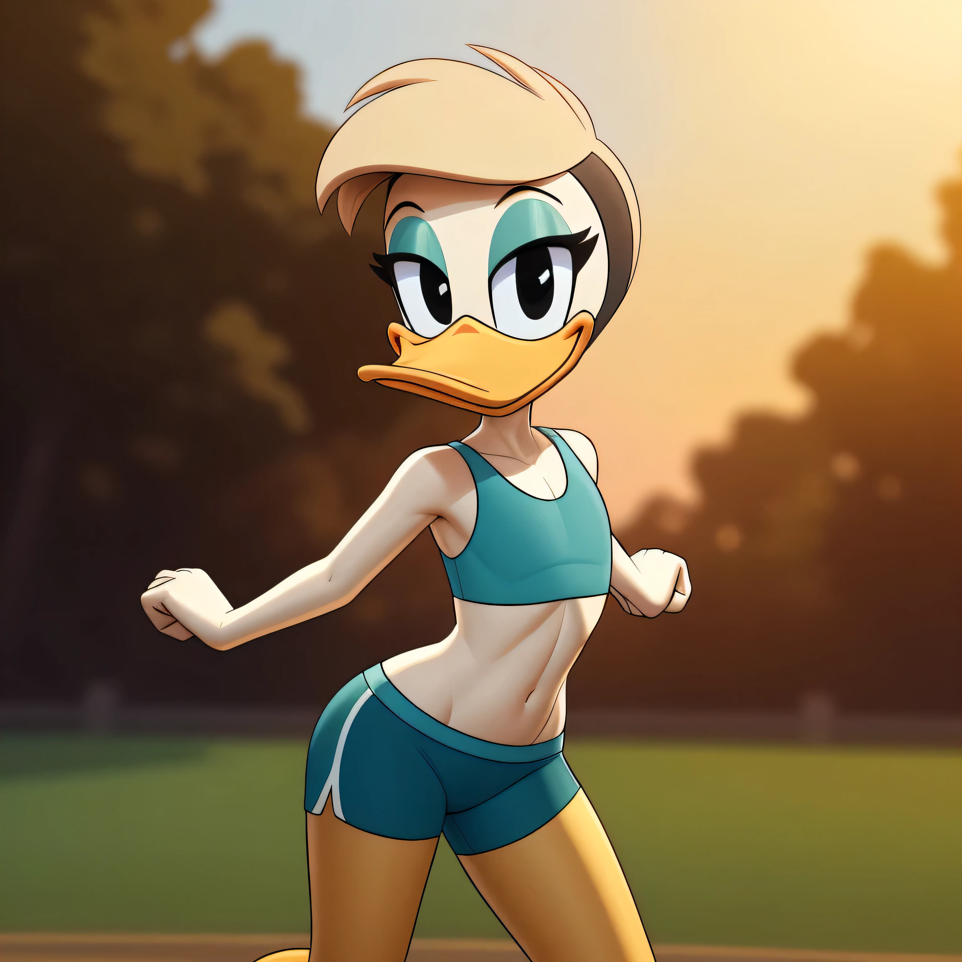 photorealism, duck, Betsy Duck, detailed background, outside, eyeshadow, tan hairstyle, cartoon, (flat chested), (yellow legs: 1.2), smiling, happy, ducktales

wear cyan sports bra, cyan shorts, stretching her arms, intricate, detailed

simple black eyes, detailed, intricate, skinniest torso, (showing her torso)

highest quality, (detailed white skin:1.3), (looking at the viewer), (soft cinematic light:1.1) ,