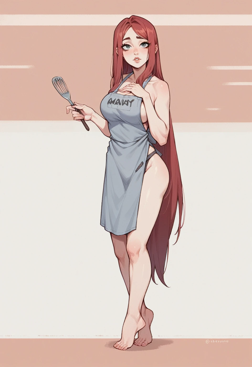 1 girls, Gray apron, Long hair, Beautiful face, Big breasts, high-detail