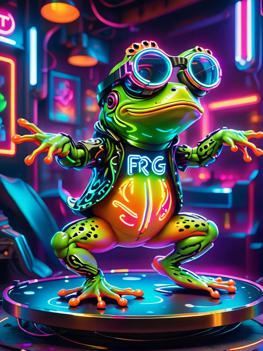 (Frog glasses:1.3),A digital illustration of a cartoon frog in a vibrant virtual reality world where neon lights and colorful holograms dominate. Inspired by pop art and graffiti, the frog displays a dynamic dancing pose. The scene incorporates elements of digital painting and glowing effects evoking an atmosphere that resembles the style of cyberpunk culture with an explosive energy